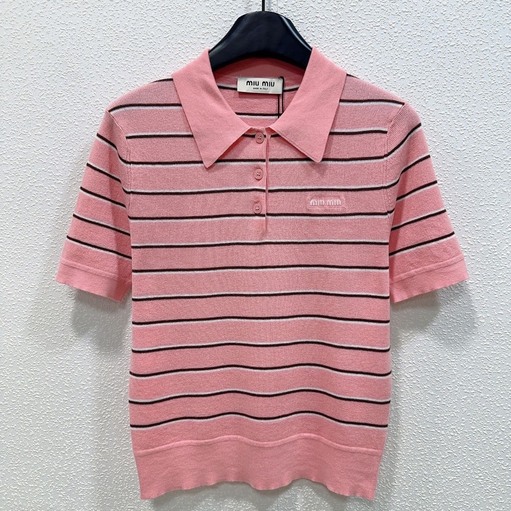 🤎Miu Miu Pink Striped Polo Knit Short Sleeve Top